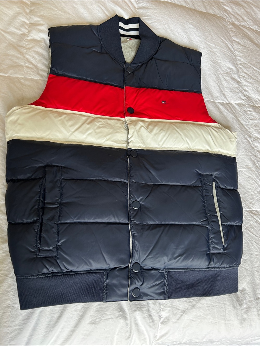 Tommy Hilfiger Navy, Red & Cream Quilted Puffer Vest Reversible Puffer Vest